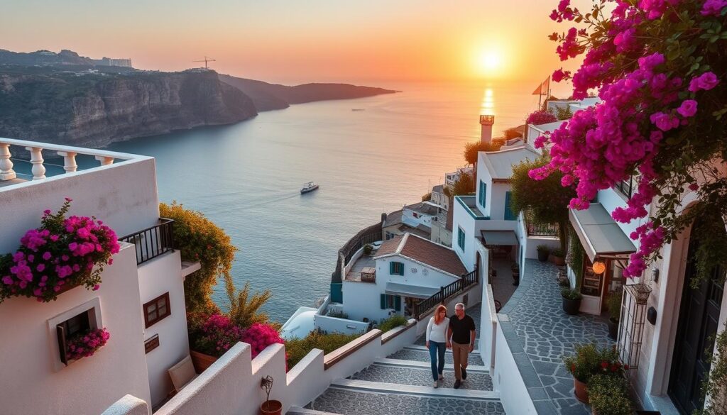 A romantic coastal town in Greece, nestled between rugged cliffs and the azure Aegean Sea. In the foreground, a picturesque whitewashed villa with vibrant bougainvillea cascading over its balcony. The middle ground reveals a quaint cobblestone street, lined with charming cafes and boutiques, where couples stroll hand-in-hand. In the distance, the sun sets over the horizon, casting a warm, golden glow across the scene. The air is crisp, yet the atmosphere is cozy and inviting, perfect for a couples' retreat in November. Soft, natural lighting illuminates the idyllic setting, highlighting the timeless beauty of this romantic Greek destination.