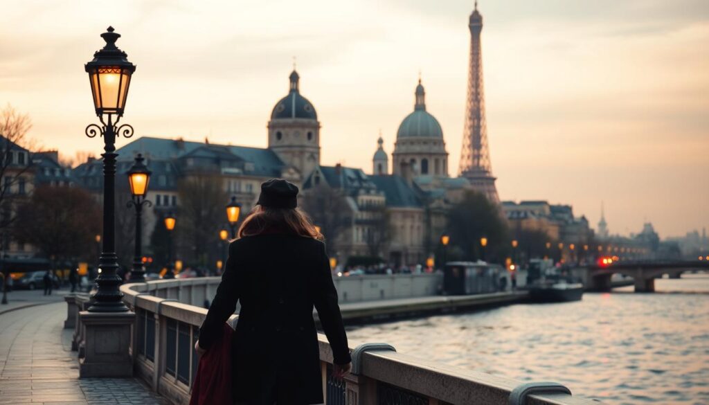 A romantic evening in Paris, the City of Love, as the sun sets over the iconic Eiffel Tower. In the foreground, a couple strolls hand-in-hand along the banks of the Seine, lost in each other's embrace, with the warm glow of streetlamps casting a soft, intimate light. The middle ground features the timeless architecture of the city, with the ornate spires and domes of Notre-Dame Cathedral rising in the distance. In the background, a gentle haze cloaks the city, creating a dreamlike, nostalgic atmosphere. The scene is captured with a wide, cinematic lens, evoking a sense of timeless elegance and the enduring allure of this enchanting metropolis.