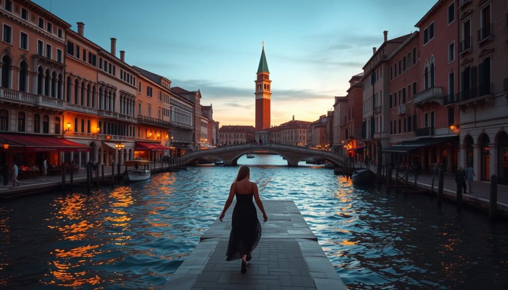 A romantic evening in Venice, Italy. A couple strolling hand-in-hand along the Grand Canal, soft lights reflecting in the rippling water. Ornate bridges arch over the waterway, leading to quaint streets lined with historic buildings in warm, earthy tones. In the distance, a campanile bell tower rises into the dusky sky, bathed in the golden glow of sunset. The air is crisp, with a hint of briny sea air. An atmosphere of timeless elegance and intimate charm surrounds the scene, inviting the viewer to imagine themselves transported to this quintessential romantic Italian city.