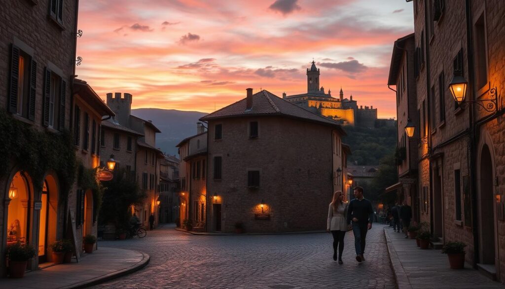 A romantic evening in a picturesque Italian town during November. A charming cobblestone street flanked by historic stone buildings, their facades adorned with ivy and warm lighting spilling from cozy windows. A couple strolls hand-in-hand, taking in the sights and the crisp autumn air. In the distance, a glimpse of a medieval castle on a hilltop, silhouetted against a vibrant sunset sky. The scene is bathed in a soft, golden glow, creating a sense of timeless elegance and tranquility. The overall mood is one of enchantment, inviting the viewer to imagine themselves immersed in the romantic ambiance of this quintessential Italian setting.