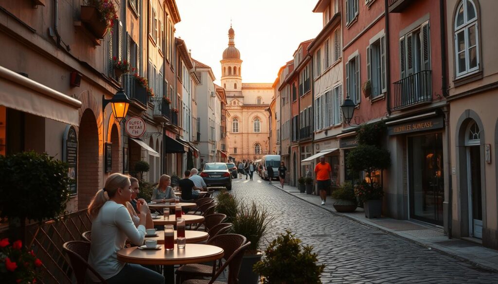 A romantic getaway nestled in a picturesque European town, bathed in warm, golden light. In the foreground, a cozy cafe with outdoor seating, couples sipping coffee and sharing a moment of intimacy. Beyond, cobblestone streets lined with charming buildings, their architecture a blend of old-world charm and modern elegance. In the distance, a historic cathedral or town square, inviting exploration. The scene exudes a sense of timelessness, where the worries of the world fade away, leaving only the tranquil, unhurried pace of a budget-friendly, off-season escape.