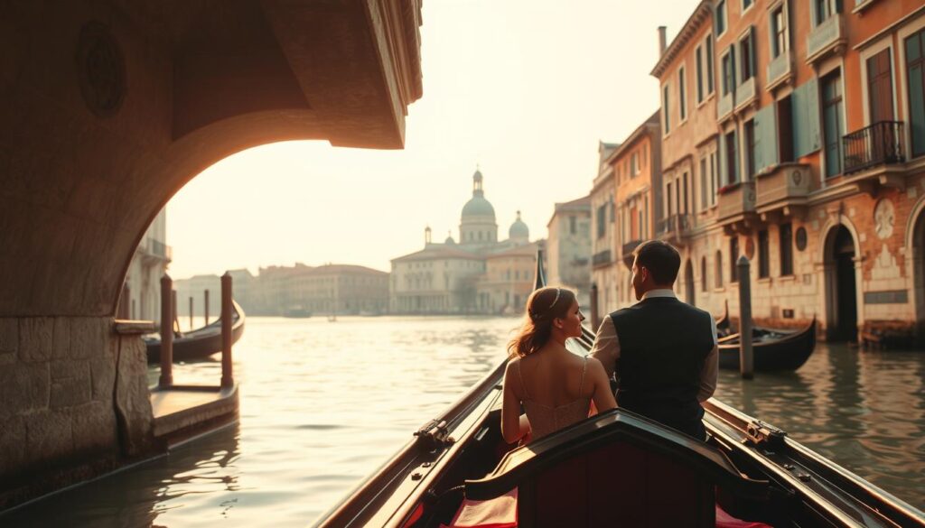 A romantic gondola ride along the tranquil, reflective canals of Venice, Italy. In the foreground, a couple sits together, gazing into each other's eyes as their gondolier gently steers the boat. Warm, golden sunlight filters through the arched bridges overhead, casting a soft, dreamy glow on the weathered stone facades lining the waterways. In the middle ground, historic buildings with terracotta roofs and ornate balconies line the banks, their reflections rippling in the serene waters. The background is a hazy, pastel-colored skyline, with distant church domes and bell towers punctuating the horizon. An atmosphere of timeless, enchanting beauty and amorous intimacy pervades the scene.