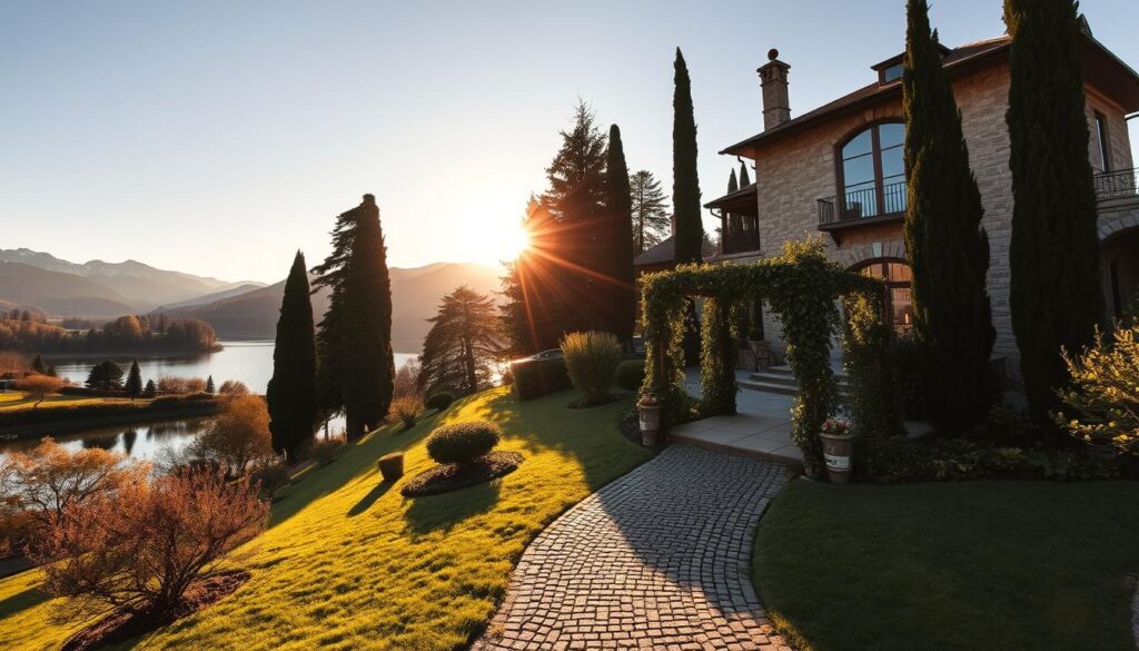 A romantic retreat nestled in the heart of the European countryside, bathed in the warm glow of the setting sun. In the foreground, a luxurious stone villa with large windows and a private balcony overlooking a tranquil lake. Surrounded by lush, manicured gardens and towering cypress trees, creating an atmosphere of serene seclusion. The middle ground features a winding cobblestone path leading to a quaint, rustic gazebo draped in fragrant vines, inviting couples to bask in the beauty of their surroundings. In the background, a range of majestic, snow-capped peaks rise up, casting long shadows across the landscape. The scene is captured through a wide-angle lens, emphasizing the grandeur and serenity of this luxurious, intimate retreat.