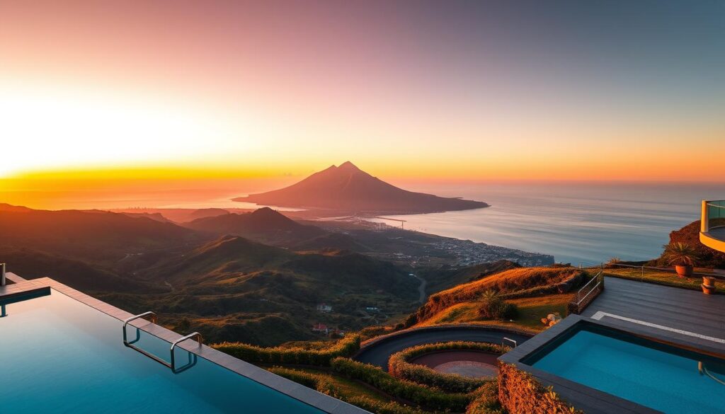 A romantic sunset vista of the island of Tenerife, Canary Islands. In the foreground, a serene private pool and luxury villa with a panoramic terrace overlooking the ocean. The middle ground features lush, verdant hills and a winding road leading to a small seaside town. The background showcases the dramatic volcanic landscape, with the iconic Mount Teide peak rising majestically against a glowing orange sky. Soft, warm lighting bathes the scene, creating an atmosphere of tranquility and intimacy. The overall mood is one of relaxation, adventure, and exclusivity - a perfect couples' getaway.