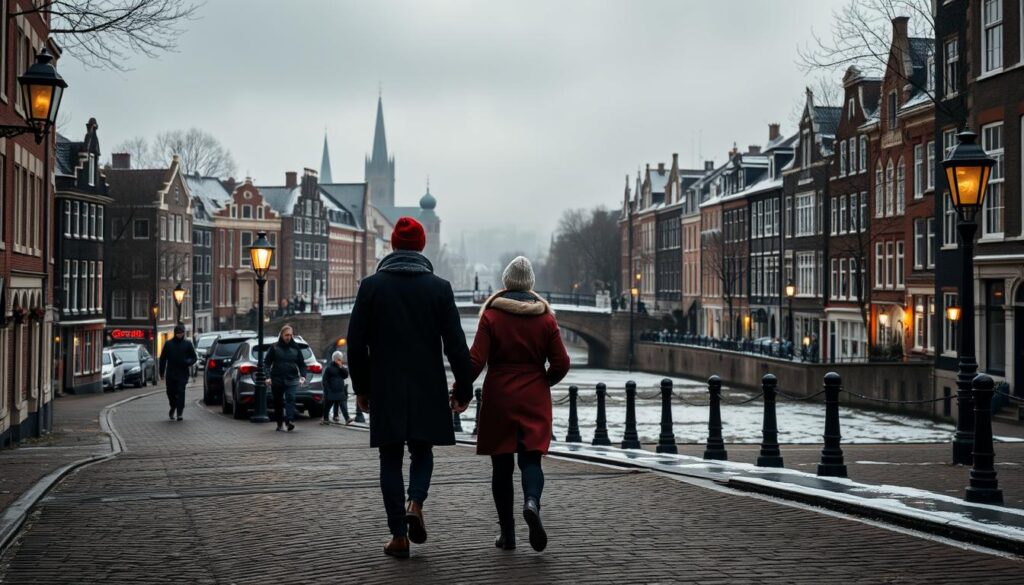 A romantic winter scene in Amsterdam, Netherlands during the month of November. Cobblestone streets lined with historic canal-side buildings, their warm brick facades softly illuminated by the glow of gas lamps. Couples stroll hand-in-hand, bundled in cozy coats, scarves, and hats, breath visible in the crisp air. In the distance, a historic bridge arches gracefully over a frozen canal, snow-dusted rooftops and church spires silhouetted against a moody, overcast sky. Soft, diffused natural lighting creates a serene, intimate atmosphere, perfect for an unforgettable couples' experience in the Dutch capital.