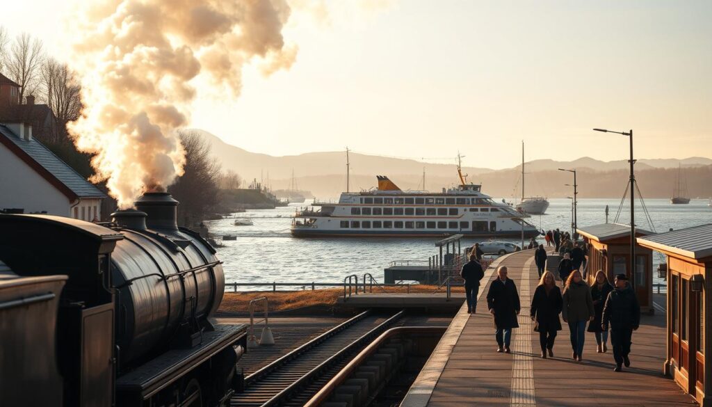 A scenic train station in a quaint European town, with ferries docked in the nearby harbor. The foreground showcases a vintage steam locomotive preparing to depart, its plumes of smoke rising against a golden autumn sky. In the middle ground, passengers hurry along the bustling platform, their coats and scarves billowing in the crisp air. In the background, the silhouettes of ferries glide across the rippling waters, their masts and smokestacks outlined against the distant hills. The scene is bathed in a warm, soft light, creating a sense of timeless elegance and sustainable transportation options for couples exploring Europe this autumn.