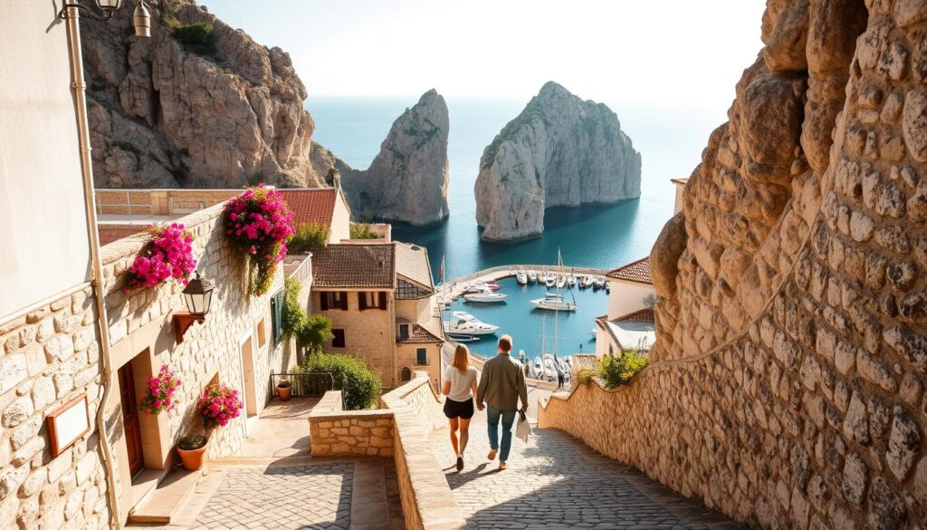 A secluded, sun-drenched seaside town in Croatia, nestled between rugged cliffs and turquoise waters. In the foreground, a couple strolls hand-in-hand along a winding cobblestone path, admiring the charming stone architecture and vibrant bougainvillea cascading down the walls. The middle ground reveals a small harbor, where fishing boats gently sway in the calm breeze. The background is dominated by dramatic limestone formations, their shadows cast long and soft under the golden glow of the November sun. An intimate, romantic atmosphere permeates the scene, inviting the viewer to imagine themselves in this idyllic, off-the-beaten-path Croatian setting.