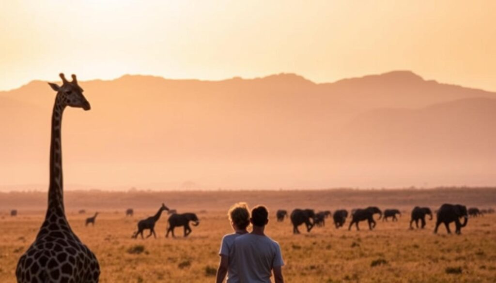 A serene African landscape unfolds, with a couple taking in the breathtaking vista of the Serengeti plains. In the foreground, a lone giraffe grazes, its long neck silhouetted against the setting sun. In the middle ground, a herd of elephants majestically strides across the savanna, their massive forms casting long shadows. In the background, rugged mountains rise, their peaks bathed in a golden glow. The scene is captured through a wide-angle lens, creating a sense of vast, untamed wilderness. The overall mood is one of tranquility and wonder, perfectly capturing the essence of a Tanzania safari for couples.