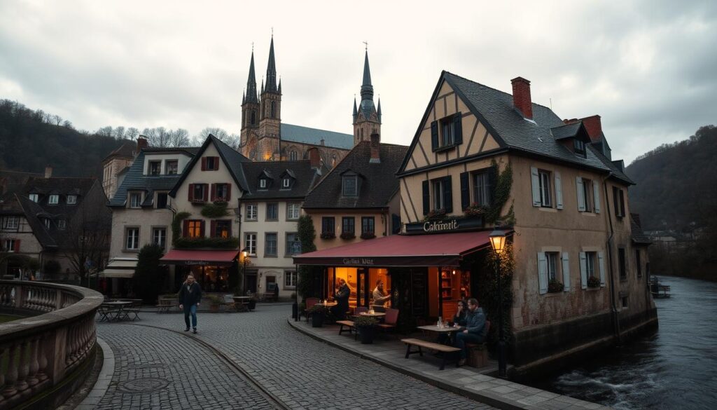 A serene European city in the off-season, nestled between picturesque hills and a gently flowing river. In the foreground, a charming cobblestone street leads to a cozy cafe, its warm lights and inviting atmosphere drawing in a couple enjoying an intimate evening together. The middle ground features quaint, medieval-inspired architecture adorned with window boxes and ivy, while the background showcases a historic cathedral or castle, its spires reaching towards the moody, overcast sky. The lighting is soft and atmospheric, creating a sense of tranquility and romance. The overall mood evokes a hidden, undiscovered gem, perfect for a couples' retreat away from the crowds.