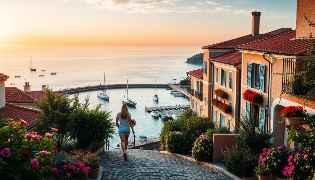 A serene, romantic setting overlooking a picturesque seaside town. In the foreground, a couple strolling hand-in-hand along a cobblestone path, surrounded by lush greenery and vibrant blooms. The middle ground features quaint, colorful buildings with terracotta roofs, their facades adorned with flower boxes and wrought-iron balconies. In the distance, a tranquil harbor bustles with small boats and yachts, the azure waters reflecting the warm, golden sunset glow. The atmosphere is one of tranquility, intimacy, and the magic of shared discovery, perfectly encapsulating the essence of a couple's dream vacation.