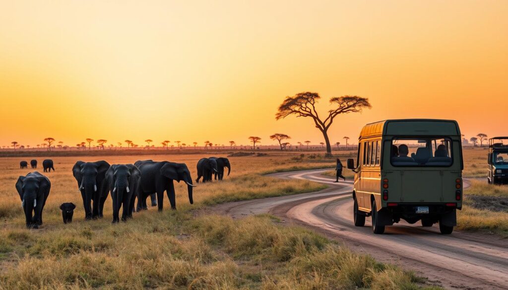 A serene savanna landscape at golden hour, with a herd of elephants majestically roaming in the foreground, their large ears flapping gently in the soft breeze. In the middle ground, a sleek, khaki-colored safari vehicle navigates the winding dirt path, capturing the essence of an authentic Tanzanian adventure. In the distance, the silhouettes of acacia trees dot the horizon, framing a sky ablaze with warm hues of orange and pink. The scene exudes a sense of tranquility and wonder, inviting the viewer to experience the awe-inspiring beauty of the Tanzanian safari firsthand.