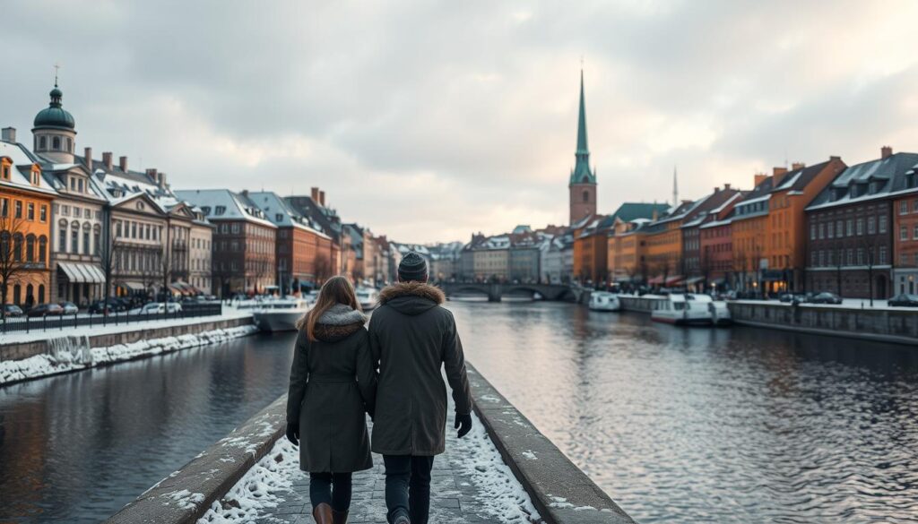 A snow-dusted cityscape of Stockholm, the "Venice of the North," bathed in a soft, warm light. In the foreground, a cozy couple strolls hand-in-hand along a picturesque canal, bundled in winter coats and scarves. Towering historic buildings with copper roofs and spires line the banks, their reflections dancing in the still waters. In the distance, a church spire pierces the cloudy sky, a symbolic beacon of the city's timeless romance. The scene exudes a sense of intimate wonder, a fleeting moment of enchantment amidst the urban splendor. Cinematic lighting and a shallow depth of field heighten the dreamlike quality, drawing the viewer into this winter wonderland of love.