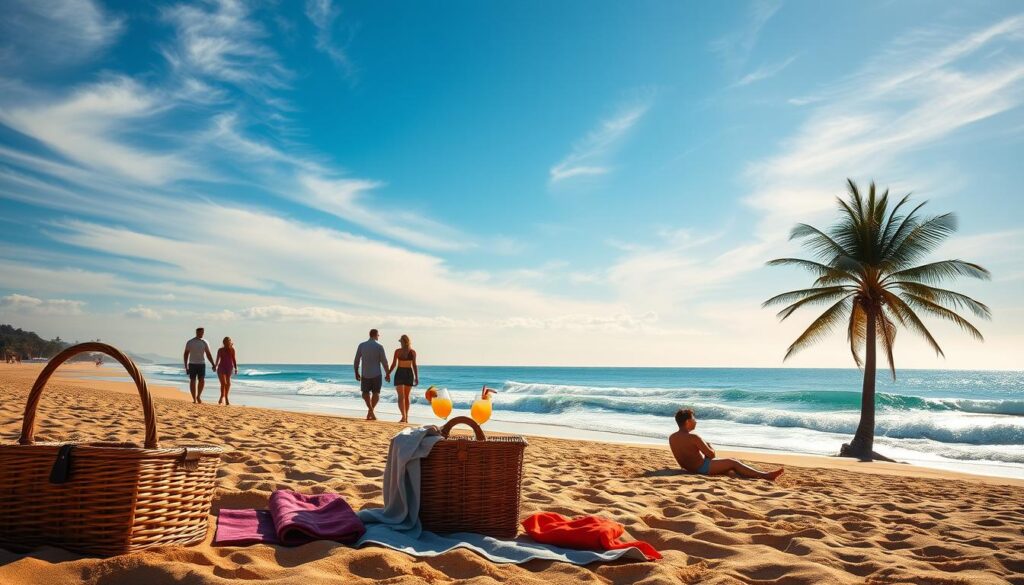 A sun-drenched November beach, waves lapping at the shore, couples strolling hand-in-hand along the golden sands. In the foreground, a picnic basket and beach towels, hinting at a cozy afternoon getaway. The middle ground features a pair of sunbathers relaxing on lounge chairs, sipping tropical cocktails. In the distance, a silhouetted palm tree sways gently in a warm coastal breeze, the sky a brilliant azure, with wispy clouds drifting overhead. The scene is bathed in a soft, golden light, capturing the tranquil and romantic atmosphere of a perfect November beach escape.