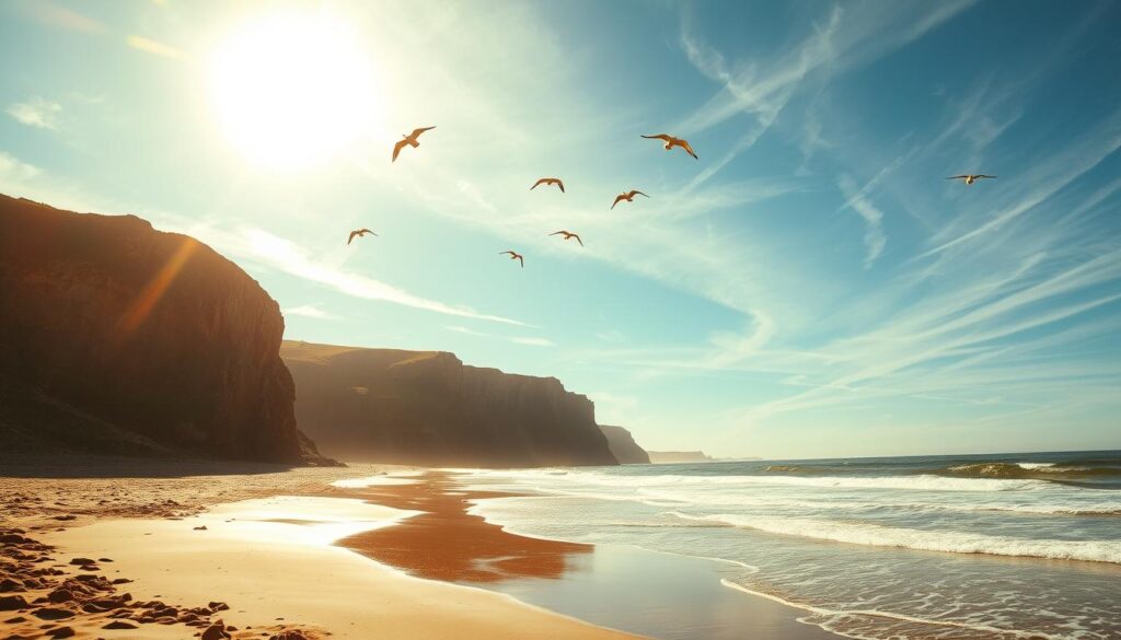 A sun-drenched coastal scene in late autumn, the air crisp and fresh. Gentle waves lap against a sandy beach, as seabirds soar overhead. In the middleground, rugged cliffs rise up, their weathered faces glowing in the warm, golden light. Wispy clouds drift across a brilliant azure sky, hinting at the UK's typically overcast November weather, yet offering a sense of tranquility and respite. The atmosphere is serene, inviting viewers to imagine the pleasant contrast to the region's chilly inland conditions at this time of year. Captured with a wide-angle lens to convey a sense of expansive, romantic solitude.