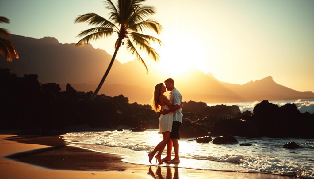 A sun-kissed beach along the rocky Canarian coastline, gentle waves lapping the shore. In the foreground, a couple embraces, silhouetted against the warm glow of the setting sun, their love radiating like the golden light. Behind them, lush palm trees sway, their fronds casting dancing shadows. In the distance, dramatic volcanic peaks rise, their rugged slopes veiled in a soft, hazy blue. The scene is bathed in a dreamy, romantic atmosphere, with a vintage, film-like quality to the lighting and colors. A wide, shallow depth of field blurs the background, keeping the focal point on the loving pair.