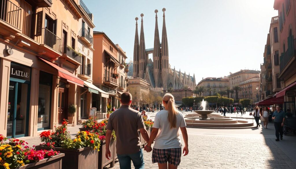 A sunny Barcelona street, with a couple strolling hand-in-hand, admiring the charming architecture and bustling cafes. In the foreground, cobblestone paths lead past vibrant flower boxes and colorful storefronts. The middle ground features an iconic Spanish plaza, with a central fountain and people enjoying the lively atmosphere. In the background, the iconic spires of the Sagrada Familia cathedral rise majestically, bathed in warm, golden light. The overall scene conveys a sense of romantic, coastal charm, perfect for a couple's visit to this captivating Spanish city.