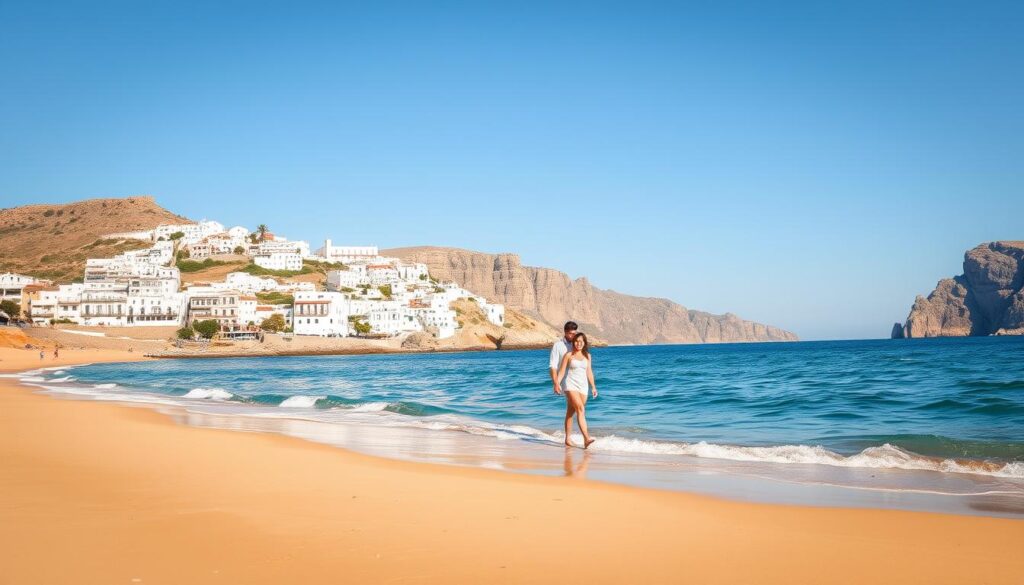 A tranquil beachfront scene on a sun-drenched Greek island. In the foreground, a couple strolls hand-in-hand along the golden sand, waves gently lapping at their feet. The middle ground features a picturesque white-washed village, its charming buildings cascading down the hillside. In the background, rugged cliffs rise up, framing the deep blue Aegean sea and a cloudless sky. The lighting is soft and warm, creating a serene and romantic atmosphere. A wide-angle lens captures the scenic grandeur, showcasing the island's natural beauty and its allure as a couples' getaway.