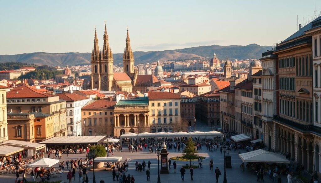 A vibrant cityscape of iconic European cultural capitals, bathed in the warm glow of a late afternoon sun. In the foreground, a bustling plaza is filled with outdoor cafes, locals and tourists strolling past historic architecture. In the middle ground, towering cathedrals, museums, and grand civic buildings stand as monuments to the region's artistic and intellectual heritage. The background is framed by rolling hills, with glimpses of cobblestone streets and quaint neighborhoods. The overall scene conveys a sense of timeless elegance, cultural richness, and the opportunity for immersive discovery. Captured through a wide-angle lens, with a shallow depth of field to highlight the foreground details.
