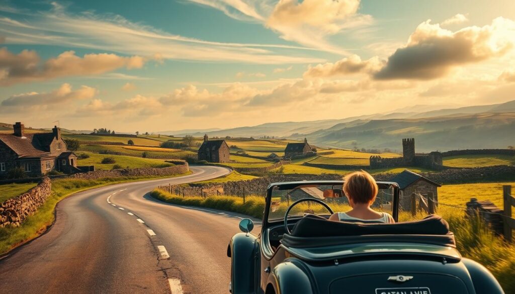 A winding country road meandering through verdant hills, dotted with picturesque stone cottages and charming villages. In the foreground, a vintage car cruises leisurely, its occupants gazing out at the breathtaking panoramic scenery. Warm, golden sunlight filters through wispy clouds, casting a romantic glow over the scene. In the distance, rolling meadows and ancient stone walls frame the horizon, hinting at the promise of more enchanting destinations to explore. The atmosphere is one of serene tranquility, inviting the viewer to imagine the perfect romantic road trip adventure through the idyllic British countryside.