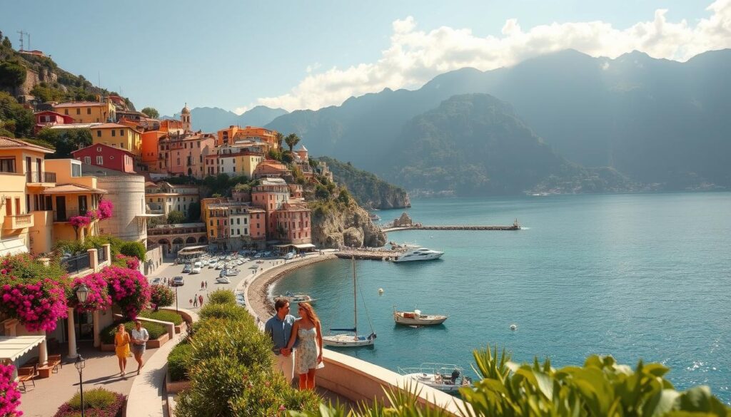 Amalfi Coast: Coastal Romance and Dramatic Views A sweeping panorama of the picturesque Amalfi Coast, where pastel-hued cliffside towns cling to rugged seaside bluffs. In the foreground, a couple strolls hand-in-hand along a charming promenade, bathed in warm Mediterranean sunlight. The middle ground features vibrant bougainvillea-draped architecture and colorful fishing boats bobbing in the azure waters. In the background, majestic mountains rise, their peaks shrouded in wispy clouds. An atmosphere of tranquil romance and timeless beauty permeates the scene, captured through a wide-angle lens with a shallow depth of field.