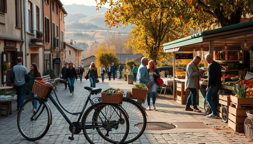 An autumn afternoon in a quaint European town, couples strolling hand-in-hand along cobblestone streets lined with charming cafes and small shops. In the foreground, a pair of bicycles parked outside a sustainable eco-lodge, their wicker baskets overflowing with local produce. A mid-ground scene of a couple exploring a farmer's market, selecting fresh seasonal ingredients. In the background, rolling hills dotted with vineyards and orchards, a warm golden light filtering through the trees. The atmosphere is one of tranquility, connection, and a deep appreciation for the natural world.