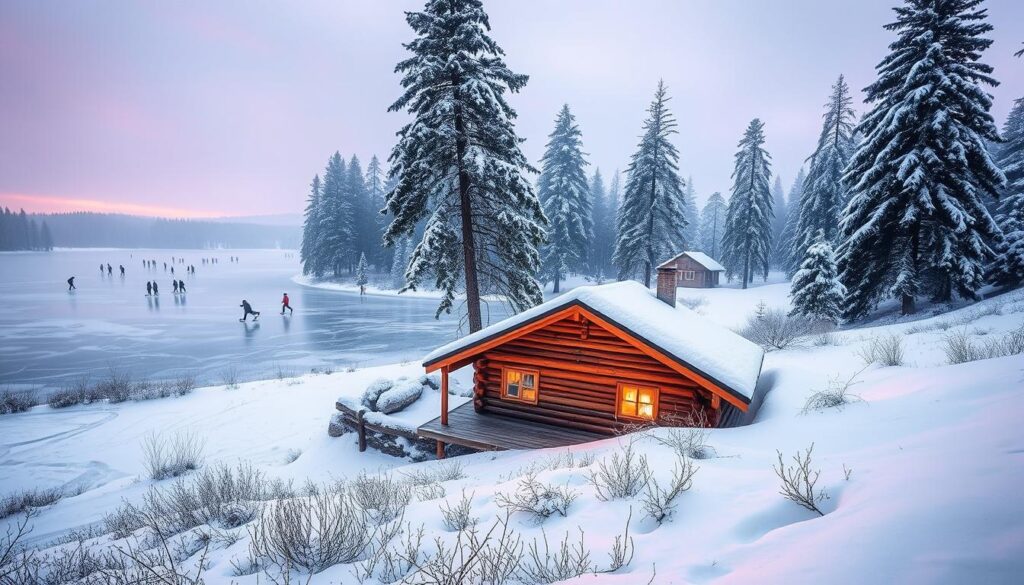 An enchanting winter landscape in Sweden, captured with a wide-angle lens. In the foreground, a cozy log cabin nestled amidst a blanket of pristine snow, its warm glow inviting exploration. In the middle ground, a frozen lake reflects the ethereal hues of the sky, dotted with ice skaters gliding gracefully. In the background, towering evergreen trees stand tall, their branches heavy with fresh snowfall. The scene is bathed in a soft, diffused light, creating a serene and magical atmosphere. The overall mood evokes a sense of tranquility, wonder, and the enchanting allure of Sweden's winter wonderland.