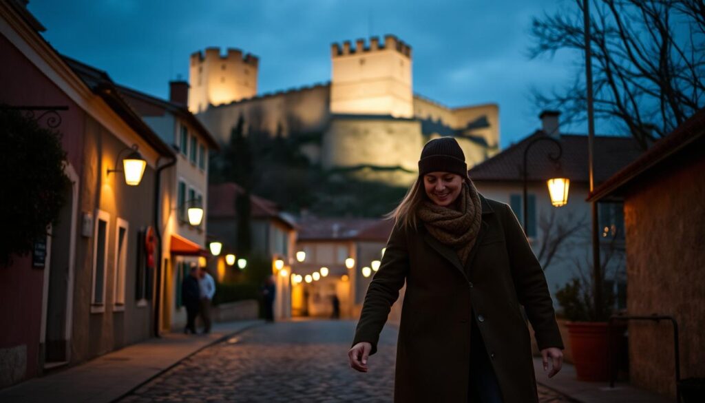 Intimate Croatia in November: A cozy couple strolls along a cobblestone street, holding hands and taking in the warm glow of lanterns lining the historic buildings. In the background, a medieval castle towers over the quaint town, its ancient walls casting long shadows across the scene. The cool evening air is tinged with the aroma of hearty stews and mulled wine, creating a sense of comfort and romance. The pair's expressions reflect a deep connection, their faces illuminated by the soft, ambient lighting that casts a dreamy, nostalgic atmosphere over the intimate Croatian setting. Intimate Croatia in November: A cozy couple strolls along a cobblestone street, holding hands and taking in the warm glow of lanterns lining the historic buildings. In the background, a medieval castle towers over the quaint town, its ancient walls casting long shadows across the scene. The cool evening air is tinged with the aroma of hearty stews and mulled wine, creating a sense of comfort and romance. The pair's expressions reflect a deep connection, their faces illuminated by the soft, ambient lighting that casts a dreamy, nostalgic atmosphere over the intimate Croatian setting.