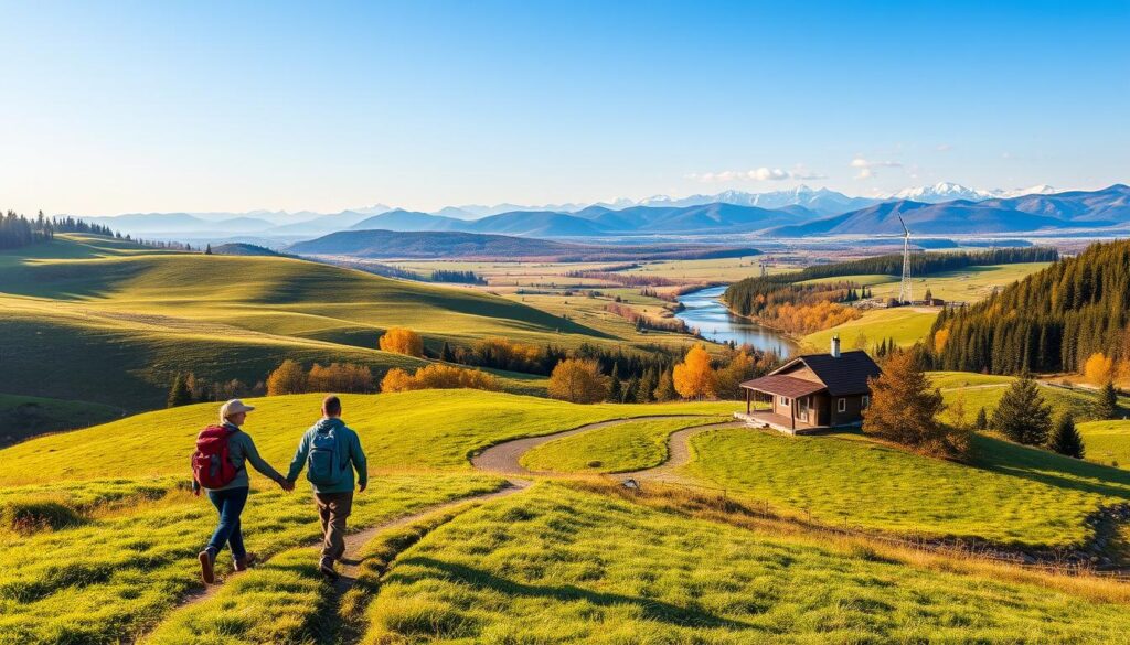 Prompt A serene landscape of rolling hills, lush green meadows, and winding rivers under a warm autumn sky. In the foreground, a couple strolls hand-in-hand on a well-maintained hiking trail, their backpacks and trekking gear suggesting a sustainable, eco-friendly adventure. The middle ground features a small, rustic cabin nestled among the trees, its solar panels and wind turbine hinting at renewable energy sources. In the background, a panoramic view of distant mountains, their peaks capped with snow, creating a picturesque and tranquil setting. The overall scene conveys a sense of harmony between nature and responsible, sustainable travel.