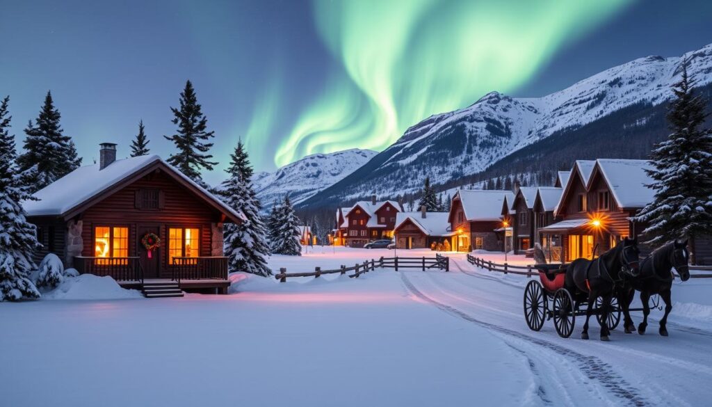 Romantic Sweden destinations: A cozy cabin nestled amidst snow-capped pines, with a crackling fireplace and warm lighting casting a soft glow. In the foreground, a picturesque frozen lake reflects the Aurora Borealis dancing across the night sky. In the middle ground, a horse-drawn carriage waits, ready to whisk you away to a quaint village where cobblestone streets and charming shops beckon. The background features majestic mountains, their peaks dusted with powdery white, creating a serene and enchanting winter wonderland.