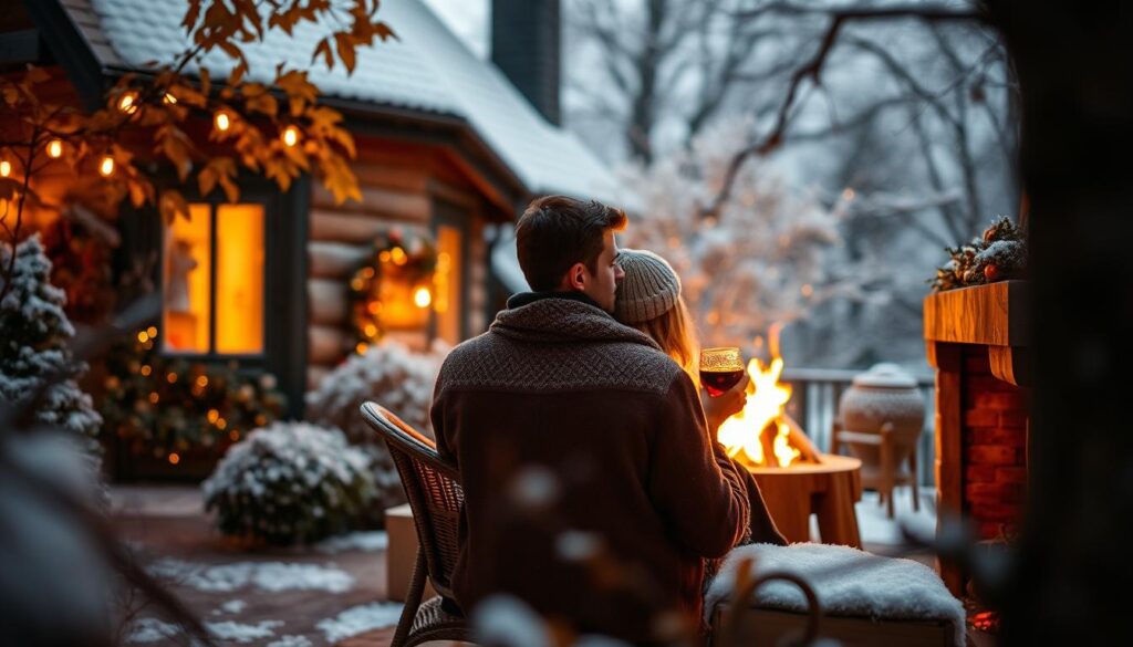 Romantic escapades in November: A cozy cottage nestled amidst the golden hues of autumn foliage, its warm glow illuminating the scene. A couple cuddled by a crackling fireplace, sipping mulled wine and gazing into each other's eyes, their expressions filled with tenderness. Outside, a light dusting of snow covers the ground, creating a serene, wintry atmosphere. The camera captures this intimate moment through a soft, dreamy lens, the depth of field blurring the background to focus on the couple's connection. The overall mood is one of tranquility, comfort, and the magic of an unforgettable November getaway. Romantic escapades in November: A cozy cottage nestled amidst the golden hues of autumn foliage, its warm glow illuminating the scene. A couple cuddled by a crackling fireplace, sipping mulled wine and gazing into each other's eyes, their expressions filled with tenderness. Outside, a light dusting of snow covers the ground, creating a serene, wintry atmosphere. The camera captures this intimate moment through a soft, dreamy lens, the depth of field blurring the background to focus on the couple's connection. The overall mood is one of tranquility, comfort, and the magic of an unforgettable November getaway.