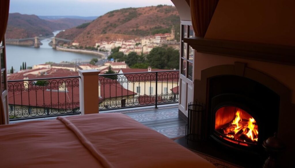 Romantic hotels in Portugal, nestled among rolling hills and azure coastlines. A cozy fireplace glows in the foreground, casting a warm ambiance over a plush, canopied bed. In the middle ground, a private balcony overlooks a picturesque town, its terracotta rooftops and cobblestone streets bathed in the golden hour's glow. The background reveals a breathtaking vista of the Douro River valley, its serene waters reflecting the rugged, vine-covered cliffs. Soft, diffused lighting and a muted color palette evoke a sense of tranquility and intimacy, perfect for a couples' retreat. Architectural details like arched windows and ornate, tiled floors add a touch of timeless elegance. Romantic hotels in Portugal, nestled among rolling hills and azure coastlines. A cozy fireplace glows in the foreground, casting a warm ambiance over a plush, canopied bed. In the middle ground, a private balcony overlooks a picturesque town, its terracotta rooftops and cobblestone streets bathed in the golden hour's glow. The background reveals a breathtaking vista of the Douro River valley, its serene waters reflecting the rugged, vine-covered cliffs. Soft, diffused lighting and a muted color palette evoke a sense of tranquility and intimacy, perfect for a couples' retreat. Architectural details like arched windows and ornate, tiled floors add a touch of timeless elegance.