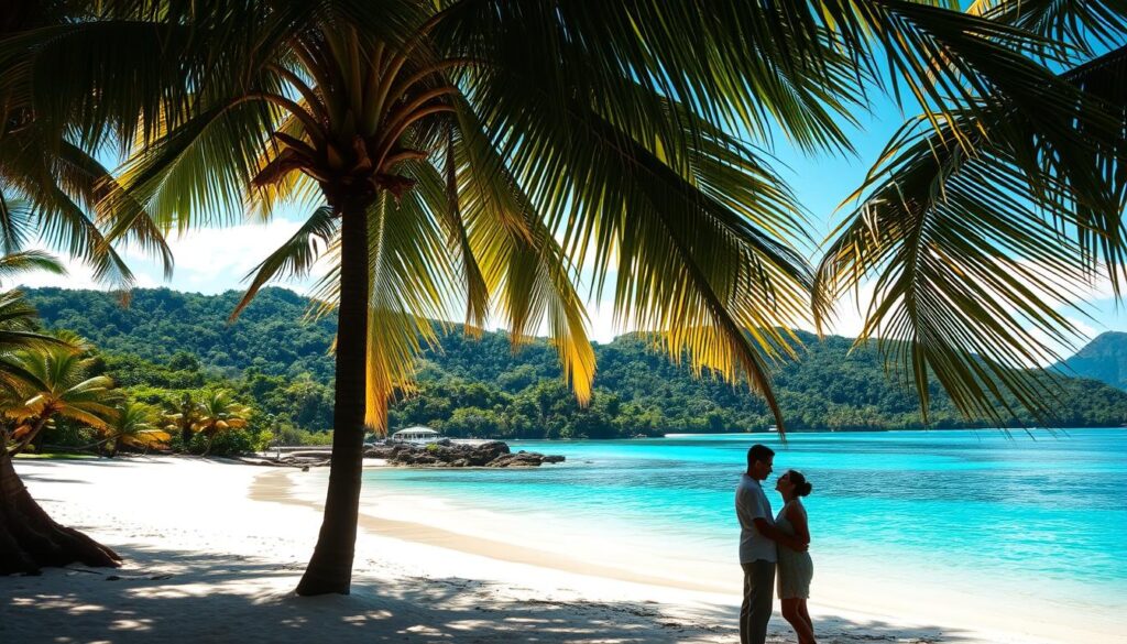 Romantic tropical paradise in the Philippines: a secluded beach cove framed by swaying palm trees, their fronds casting dappled shadows on the powdery white sand. In the foreground, a couple embraces, silhouetted against the vibrant azure waters of a tranquil lagoon. Warm sunlight filters through the leaves, creating a soft, golden glow that envelops the scene. The background is a lush, verdant landscape of rolling hills and distant mountain peaks. An intimate, serene atmosphere of love and tranquility pervades the idyllic setting.