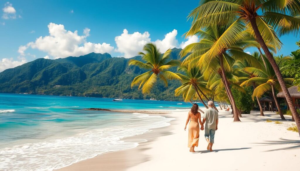 Serene Guadeloupean paradise: a sun-drenched beachfront with swaying palm trees, turquoise waters lapping at pristine white sands. In the foreground, a romantic couple strolling hand-in-hand, gazing out at the endless horizon. The scene bathed in warm, golden light, as if through the lens of a vintage camera. Lush, verdant mountains rise in the background, their slopes cloaked in a tapestry of tropical foliage. An atmosphere of tranquility and blissful seclusion pervades, inviting the viewer to imagine the couple's intimate escape to this idyllic Caribbean haven.