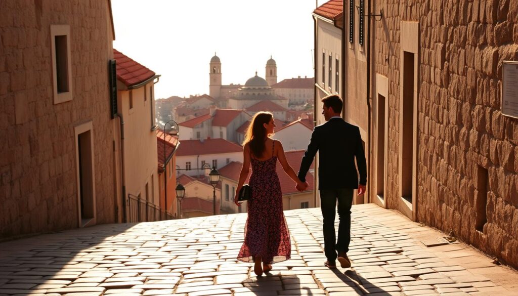 Strolling hand-in-hand through the enchanting streets of Dubrovnik, a charming couple immersed in the romantic ambiance of this historic Croatian city. In the foreground, their silhouettes stand out against the warm glow of the setting sun, casting a soft, golden light upon the cobblestone pathways and ancient stone walls that surround them. In the middle ground, the iconic orange-tiled roofs and towering bell towers of the Old Town create a picturesque backdrop, while in the distance, the Adriatic Sea shimmers with a tranquil, azure hue. The mood is one of intimacy, serenity, and the simple joy of discovering a beloved destination together. Strolling hand-in-hand through the enchanting streets of Dubrovnik, a charming couple immersed in the romantic ambiance of this historic Croatian city. In the foreground, their silhouettes stand out against the warm glow of the setting sun, casting a soft, golden light upon the cobblestone pathways and ancient stone walls that surround them. In the middle ground, the iconic orange-tiled roofs and towering bell towers of the Old Town create a picturesque backdrop, while in the distance, the Adriatic Sea shimmers with a tranquil, azure hue. The mood is one of intimacy, serenity, and the simple joy of discovering a beloved destination together.