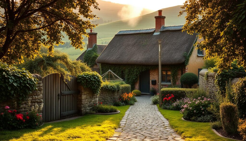 A cozy country cottage nestled in a lush, rolling green landscape. Ivy-covered stone walls frame a quaint thatched-roof home, surrounded by an abundant garden bursting with vibrant blooms. In the foreground, a cobblestone path leads to a charming wooden gate, inviting visitors to step inside this peaceful, picturesque retreat. The soft, warm light of the late afternoon sun casts a golden glow, creating a serene and romantic atmosphere. A gentle mist hangs in the air, adding a dreamy, ethereal quality to the scene. This idyllic countryside escape exudes a sense of tranquility and timelessness, perfect for a cozy November getaway.