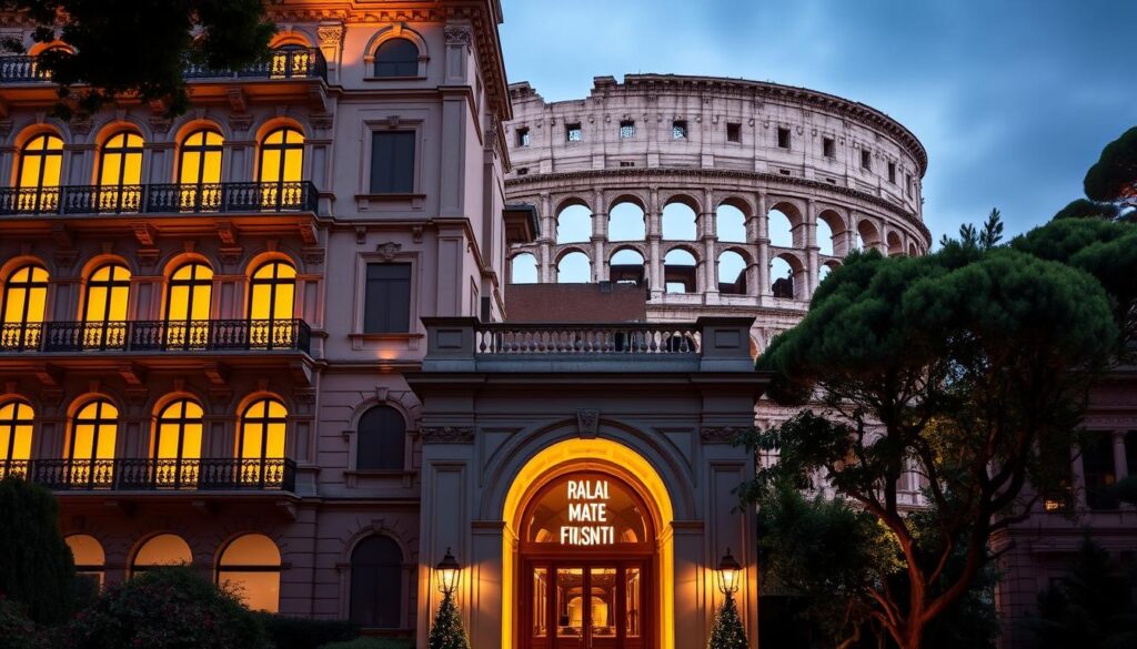 A grand facade of a luxurious hotel in Rome, with the iconic Colosseum in the background. The Palazzo Manfredi stands tall, its ornate architecture and elegant balconies framing a breathtaking view of the ancient Roman landmark. Soft, warm lighting casts a romantic glow over the scene, inviting couples to bask in the splendor of this historic setting. The hotel's entrance is inviting, with a grand archway and lush greenery that suggests a serene oasis within the bustling city. The image conveys a sense of timeless elegance and the promise of a truly unforgettable stay for romantic couples in the heart of Rome.
