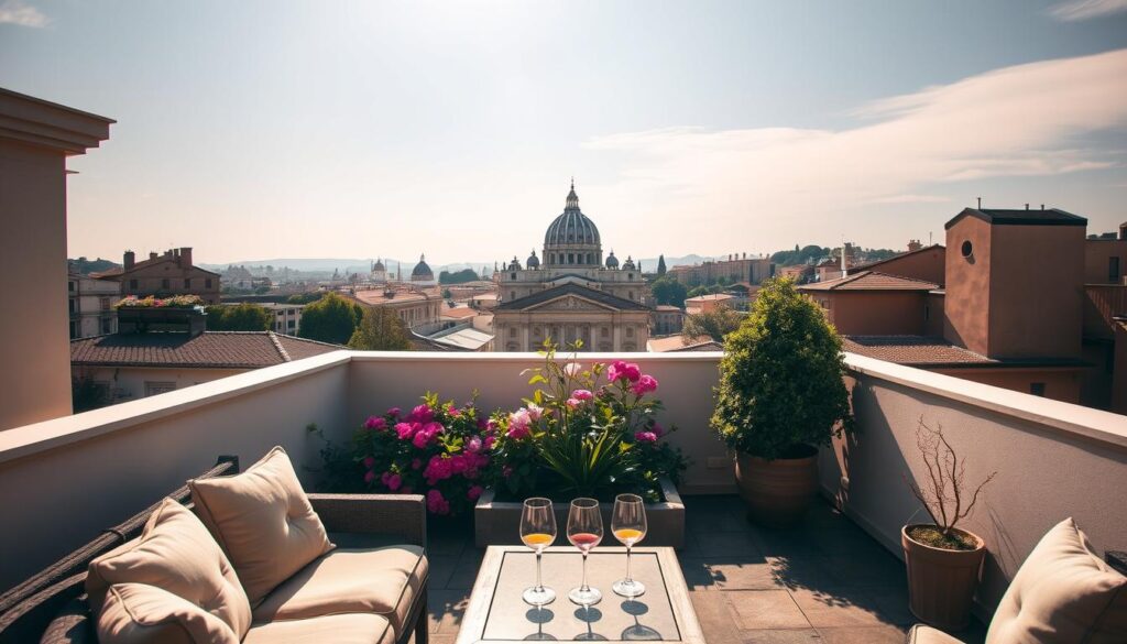 A sun-drenched rooftop terrace in Rome, with sweeping views of the Eternal City's iconic domes and spires. In the foreground, a cozy seating area with plush cushions and a low table, perfect for sipping wine and gazing at the breathtaking scenery. The middle ground features a small, intimate garden, bursting with fragrant blooms and lush greenery. Soft, warm lighting casts a romantic glow, while the background is dominated by the iconic silhouette of St. Peter's Basilica, its grandeur a stunning backdrop to this tranquil haven. The overall atmosphere evokes a sense of timeless elegance and the perfect setting for a couple's getaway in Rome.