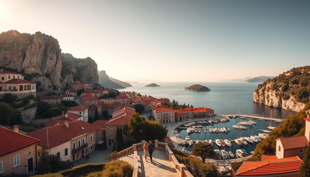 A sweeping panorama of Croatia's Dalmatian coastline, bathed in golden afternoon light. In the foreground, a picturesque seaside town with terracotta-tiled roofs and a quaint harbor bustling with sailboats and yachts. Along the winding cobblestone streets, couples stroll hand-in-hand, taking in the charming cafes and boutiques. Beyond the town, rugged limestone cliffs rise up, their contours softened by lush Mediterranean vegetation. In the distance, the glittering Adriatic Sea stretches out to the horizon, dotted with verdant islands. Warm, romantic atmosphere with a cinematic, dreamlike quality, captured through a wide-angle lens to emphasize the grand scale of the Croatian landscape.