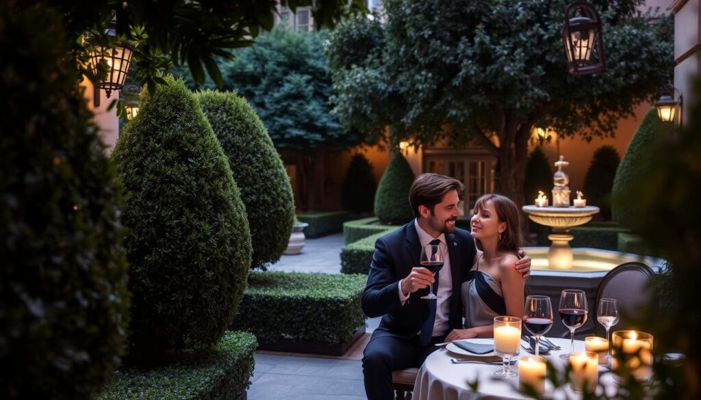 A tranquil courtyard garden at the Hotel de Russie, a luxurious oasis in the heart of historic Rome. Lush, manicured greenery frames an elegant, sun-dappled terrace where a well-dressed couple enjoys a romantic, candlelit dinner. Soft lighting from discreet fixtures creates a warm, intimate atmosphere, while the distant sound of a fountain gently bubbles in the background. The couple's expressions convey a sense of serene contentment, their gazes locked in a private moment as they sip fine wine and savor the flavors of exquisite Italian cuisine. A peaceful, secluded retreat amidst the bustling city, this idyllic scene captures the essence of luxury and romance at the Hotel de Russie.
