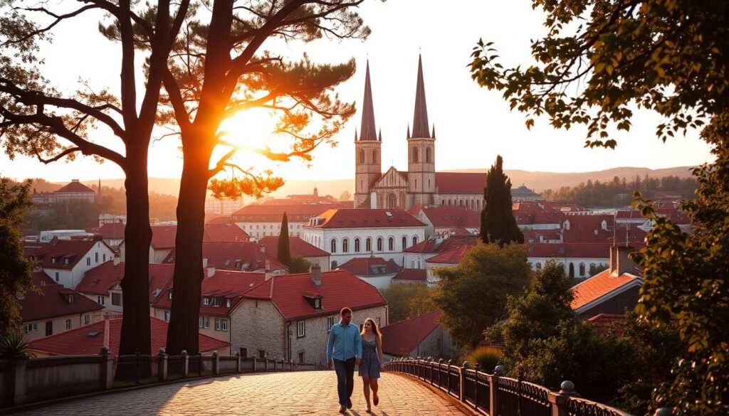 A vibrant cityscape of Zagreb, Croatia's capital, bathed in the warm glow of the setting sun. The iconic cathedral towers rise majestically against a backdrop of terracotta roofs and winding cobblestone streets. In the foreground, a couple strolls hand-in-hand, taking in the sights and atmosphere of this romantic European destination. The scene is captured with a wide-angle lens, creating a sense of depth and scale, while soft, diffused lighting adds to the intimate, dreamy ambiance. Towering trees and lush greenery frame the scene, hinting at the natural beauty and outdoor adventures that await in the days to come.